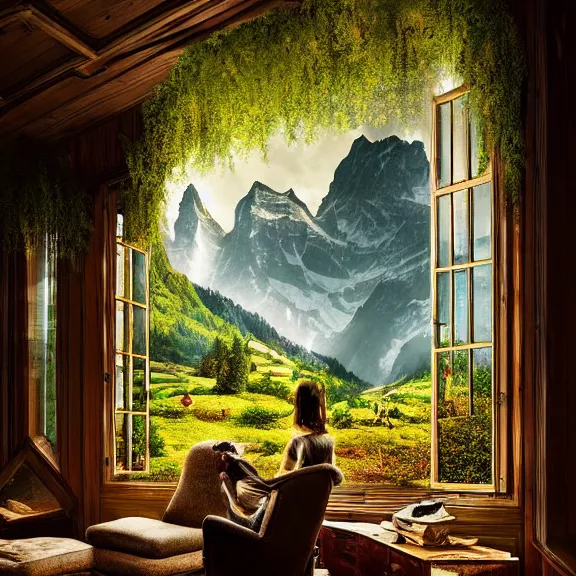 Image similar to fantastical living room with switzerland landscape in the window by marc adamus, beautiful dramatic lighting, overgrown with funghi, style by peter deligdisch, peterdraws