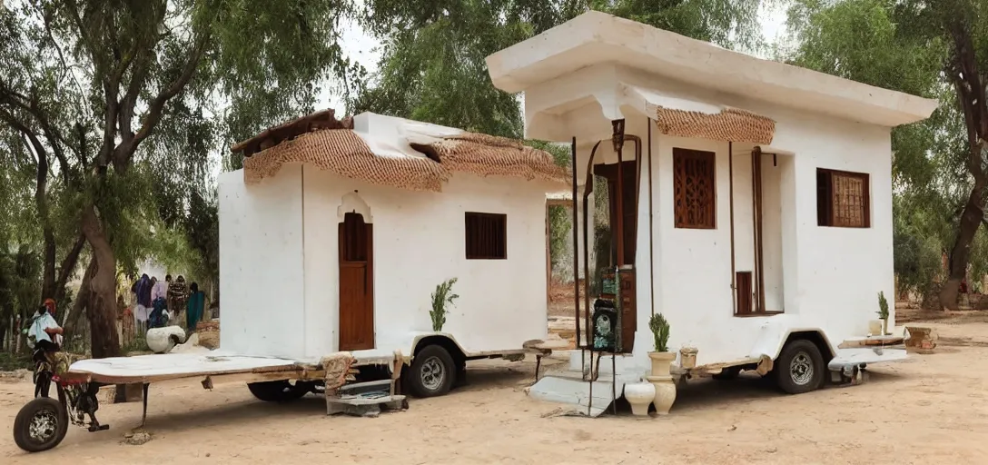 Prompt: mughal - style white ivory tiny home on trailer in agra, india