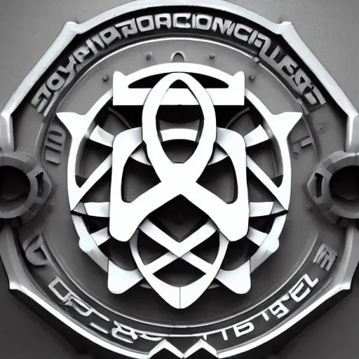 Image similar to a logo of company which produces nuclear engines for cyborgs, year 3 0 4 6, brutalism, volume and symmetry