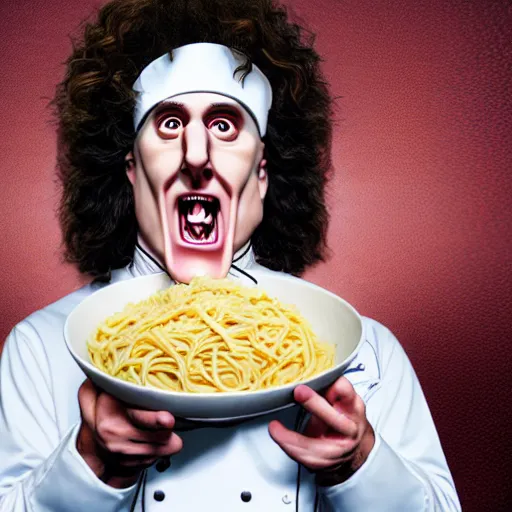 Image similar to a crazed weird al wearing a chef's hat and uniform with half of his lower body inside a bowl of alfredo, realistic, hyperrealistic, ultra realistic, real, real world, highly detailed, very detailed, extremely detailed, intricate details, 8 k resolution, hd quality