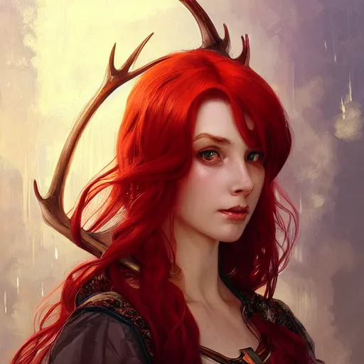 Prompt: portrait of a young woman with red hair and antlers d & d fantasy intricate big beautiful eyes cinematic lighting highly detailed digital painting artstation concept art smooth sharp focus illustration art by artgerm and greg rutkowski and alphonse mucha