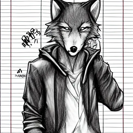 Image similar to anime style pencil sketch of an anthropomorphic wolf fursona furry male character wearing a hoodie, notebook pencil drawings, realisitc photo