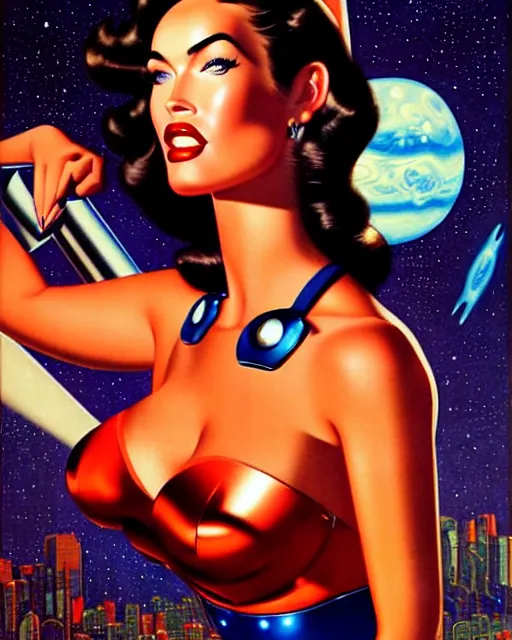 Prompt: closeup beautiful retro space megan fox posing with a chrome robot in diesel punk city at night, pinup, windblown dark hair, seductive, hyper detailed, digital art, smooth, sharp focus, gil elvgren, anna dittmann alberto vargas, 1 9 5 0, when mars attacks