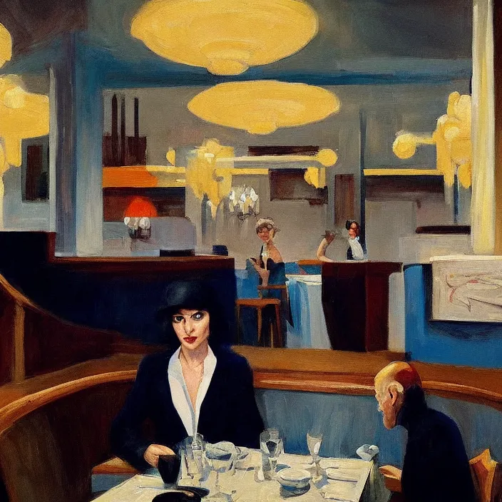 Image similar to Anthony Hopkins Gal Gadot, at art deco restaurant, open ceiling, highly detailed, painted by Edward Hopper, painted by James Gilleard