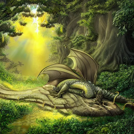 Prompt: a dragon sleeping in a beautiful forest, rays of sunshine between the trees, detailed digital art