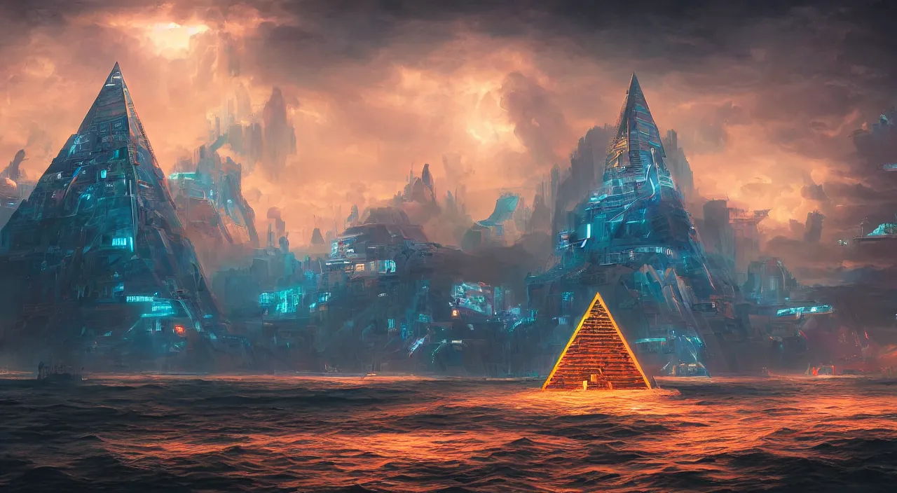 Prompt: a Stunning 3d painting of A cyberpunk pyramid at sea by gerg rutkowski and Daniel Romanovsky,epic lighting,beautiful sky,Retro colour,hyper detailed,Super realistic,cinematic,sci fi art,Masterpieces,8K Resolution