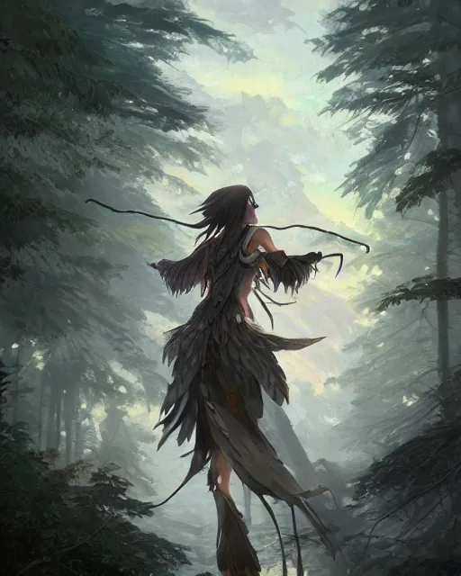 Prompt: a female anthropomorphic eagle warrior. She has two wings on her back. Forest, clearing. Atmospheric lighting, By Makoto Shinkai, Stanley Artgerm Lau, WLOP, Rossdraws, James Jean, Andrei Riabovitchev, Marc Simonetti, krenz cushart, Sakimichan, D&D trending on ArtStation, digital art.