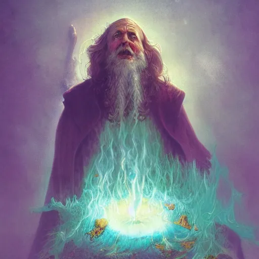 Image similar to old wizard summoning a geyser of psychedelic energy from the ground, hyper - detailed, cgsociety, 8 k, high resolution, in the style of charlie bowater, tom bagshaw, norman rockwell, gerald brom, adam hugh