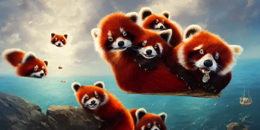 Image similar to Floating fantasy red pandas having fun over a blue ocean, Darek Zabrocki, Karlkka, Jayison Devadas, Phuoc Quan, trending on Artstation, 8K, ultra wide angle, pincushion lens effect.