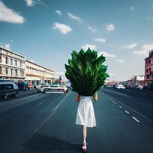 Image similar to giant flower head, woman walking through city, surreal photography, cinematic, blue sky, symmetry, detailed, retro, wes anderson