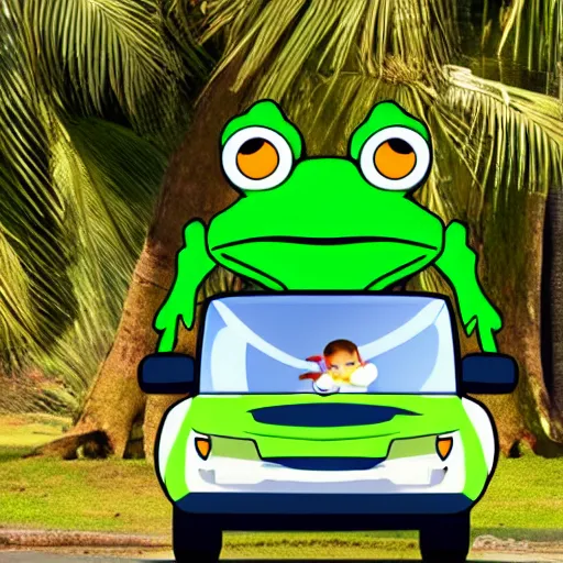 Image similar to frog with human body driving a car, palm trees