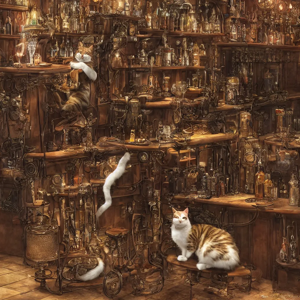 Prompt: photorealistic, steampunk, a single cat sitting at a bar