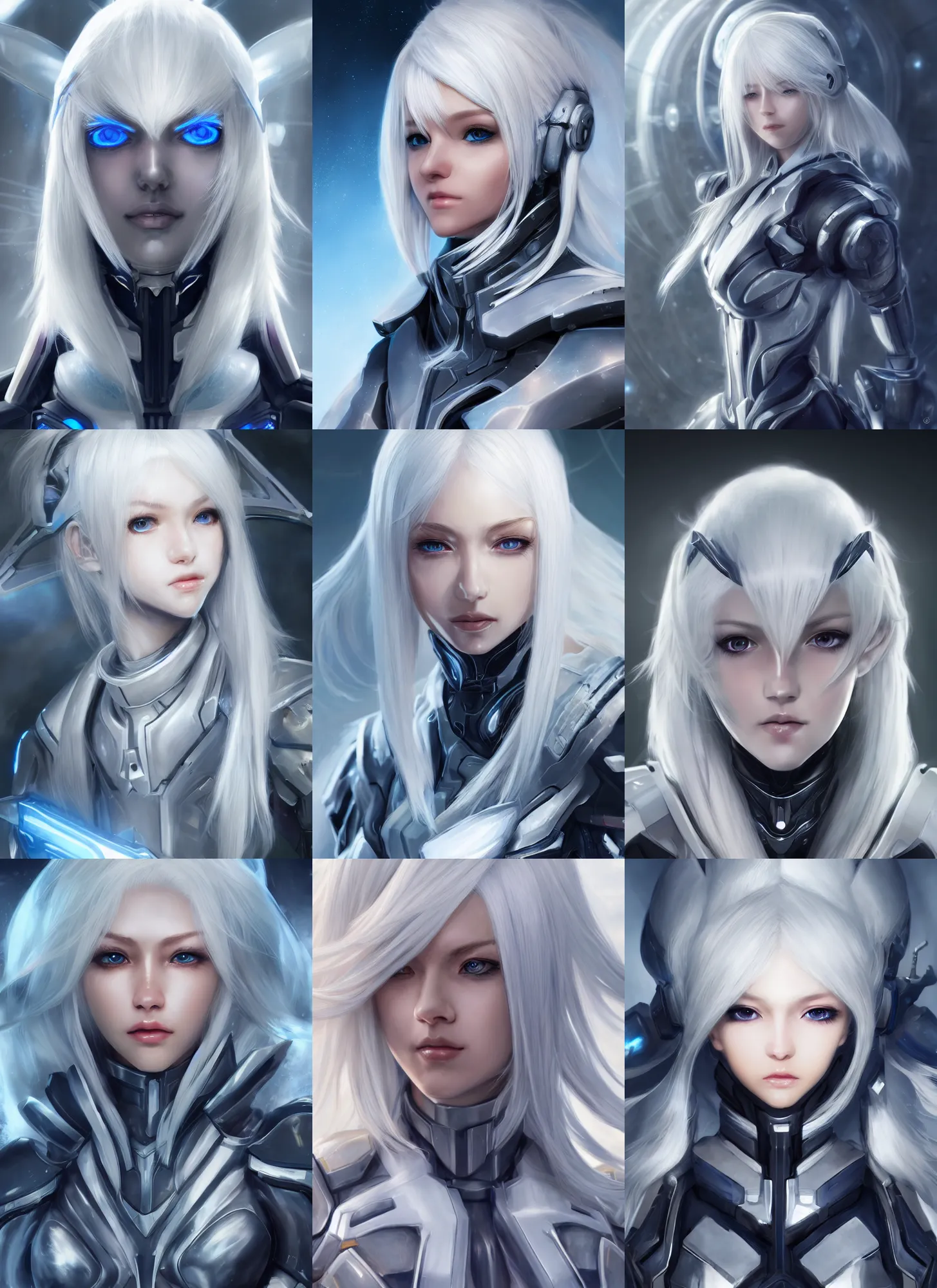 Image similar to detailed portrait of perfect white haired girl, android, warframe armor, beautiful, pretty face, blue cyborg eyes, innocent, scifi, 4 k, sun yunjoo, ultra realistic, aura of light, cinematic lighting, highly detailed, sharp focus, artstation, masterpiece, art by hyungjin yang and akihito tsukushi