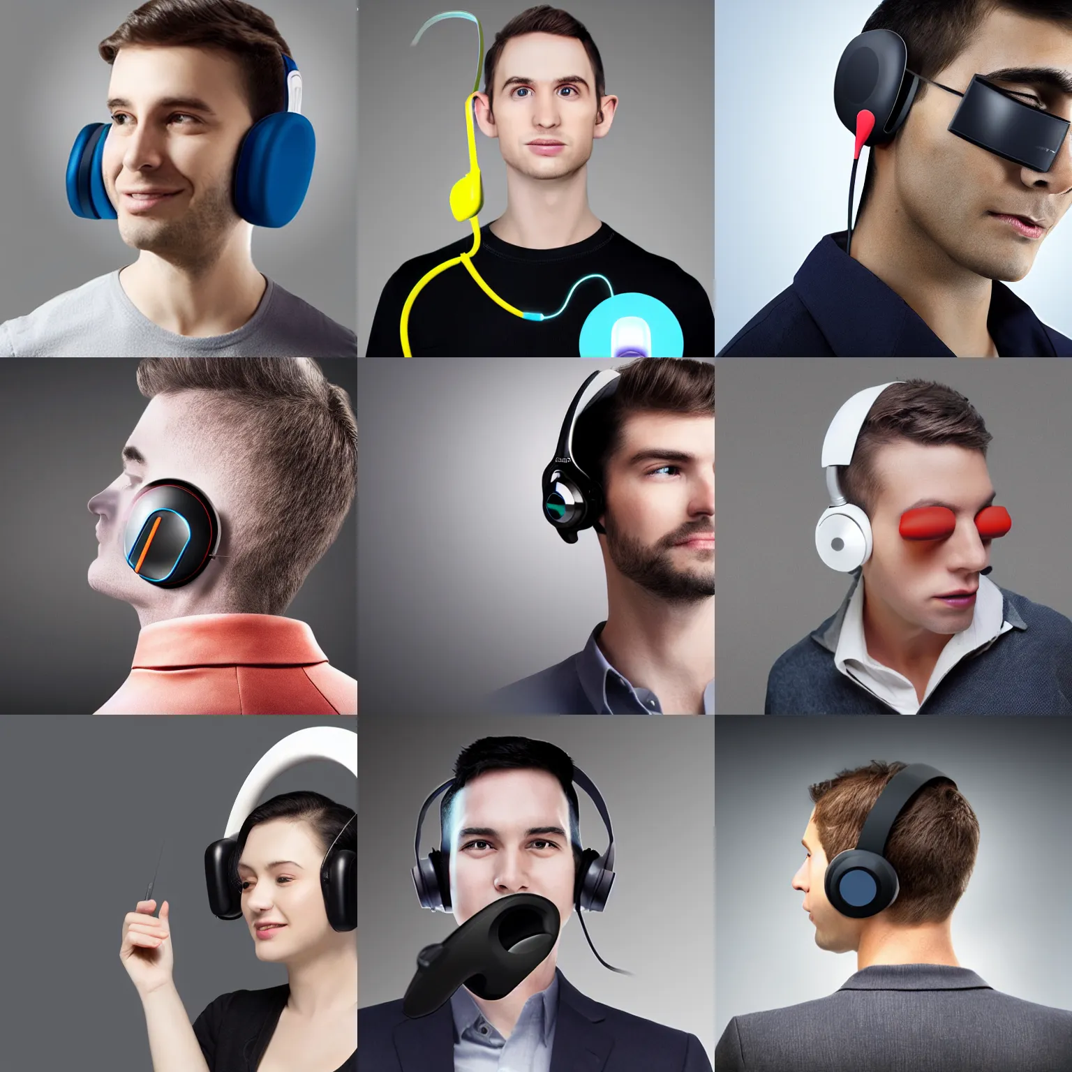 Prompt: promotional product concept photo of the triphones, a person with 3 ears wearing a 3 - eared headphone concept, headphones designed for people with 3 ears