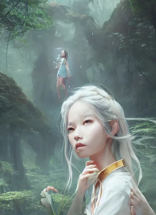 Prompt: breathtaking portrait of fantasy sorceress bright temple surrounded by lush forest meadow, by Hsiao-Ron Cheng and James jean and Miho Hirano and Hayao Miyazaki, octane render, RPG portrait, ambient light, dynamic lighting