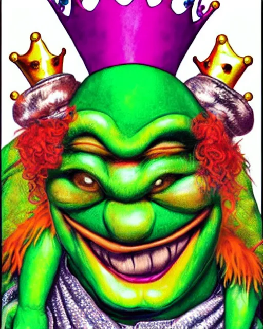 Image similar to Clown Frog King has his crown stolen by a gang of clowns, clown frog king wearing clown makeup and rainbow wig, clown king pepe, clown crown artwork by Glenn Fabry and Kentaro Miura