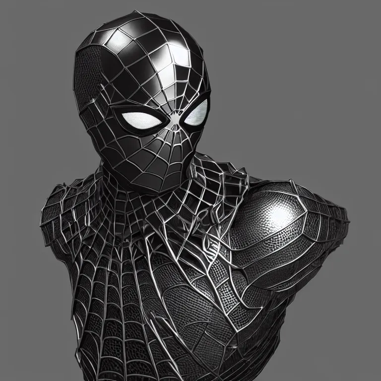 Image similar to steampunk spiderman bust shot, 3 d render, 3 d rendering, hdr, dynamic lighting, unreal engine, shiny, metallic, reflective, perfect, black gradient background