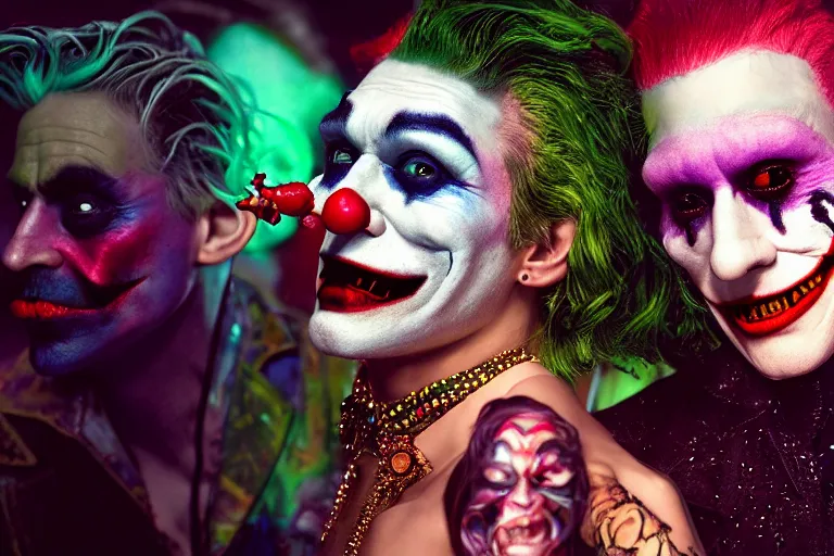 Prompt: 35mm color, illegal rave, portrait of Joker and Harley Queen, fashion shoot, freak show, hyperdetailed, photorealistic, interesting, by David la chapelle and les edwards and david cronenberg and WETA digital, ID magazine, octane rendering, cinematic, hyperrealism, octane rendering, 8k, depth of field, bokeh.