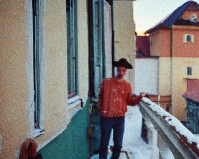 Image similar to lomo photo of pair standing on small hrushevka balcony full with cigarette smoke in small russian town looking at sunset, cinestill, bokeh