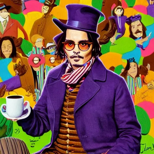 Image similar to Johnny Depp is covered in a blanket and drinking tea in Willy Wonka's Chocolate Factory, Illustration, Colorful, by Liu Wei