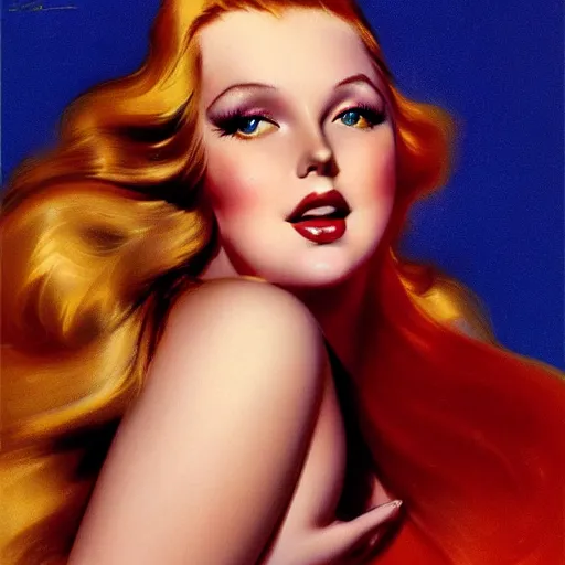 Image similar to a curvy, radiant, bubbly, 2 5 - year - old canadian plus - size model, long strawberry - blond hair, creamy skin, portrait, illustration by rolf armstrong