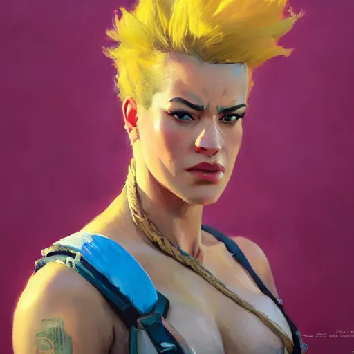 Image similar to greg manchess portrait of zarya from overwatch in disco elysium, fantasy, medium shot, asymmetrical, profile picture, organic painting, sunny day, matte painting, bold shapes, hard edges, street art, trending on artstation, by huang guangjian and gil elvgren and sachin teng