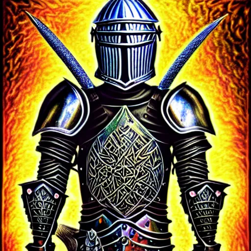 Image similar to medieval fantasy armored knight in the style of alex grey, TOOL band art, psychedelic, fractals, detailed, 8K