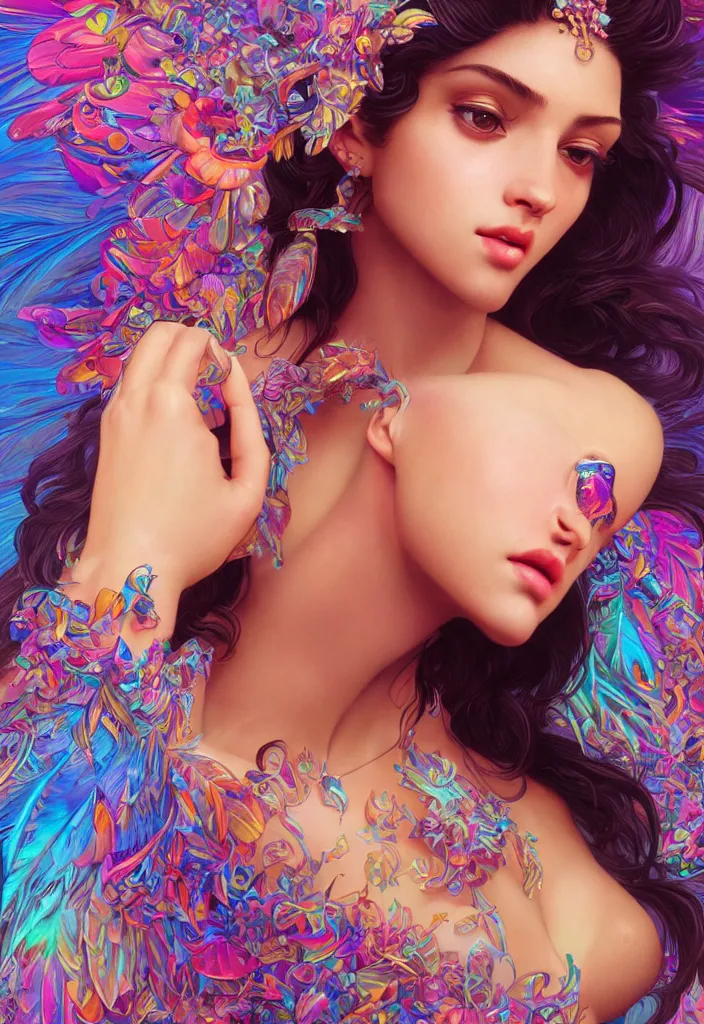 Image similar to beautiful, young woman, detailed gorgeous face, vaporwave aesthetic, synthwave, colorful, psychedelic, water droplets, feathers, crown, artstation, concept art, smooth, extremely sharp detail, finely tuned detail, ultra high definition, 8 k, unreal engine 5, ultra sharp focus, illustration, art by artgerm and greg rutkowski and alphonse mucha