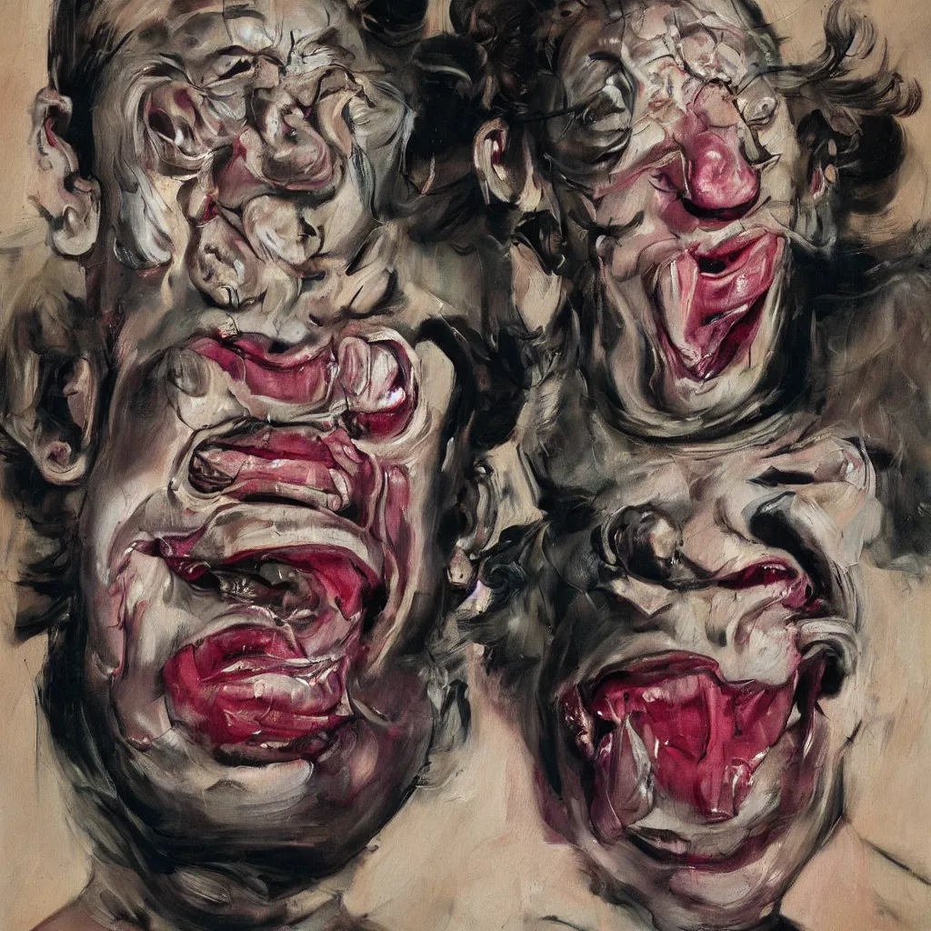 Prompt: oil painting by francis bacon and jenny saville portrait of todd solondz laughing, extremely bizarre disturbing, intense chiaroscuro lighting perfect composition masterpiece intense emotion