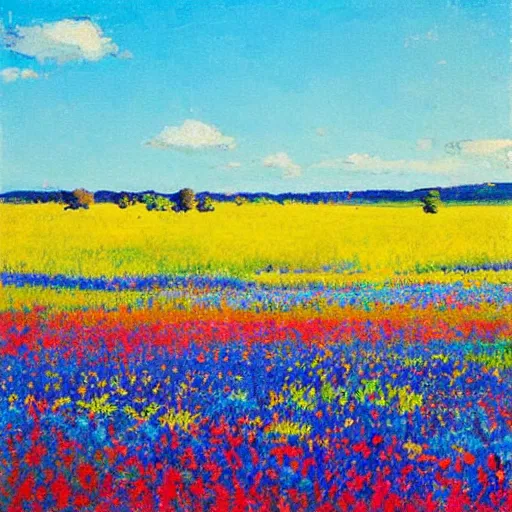 Prompt: This land art has captures the serenity and beauty of a summer day. The sky is a deep blue, and the sun is shining down on the fields of flowers. The colors are very vibrant, and the brushstrokes are very fluid. The overall effect is one of peace and calm. by Coby Whitmore, by Ruan Jia terrifying
