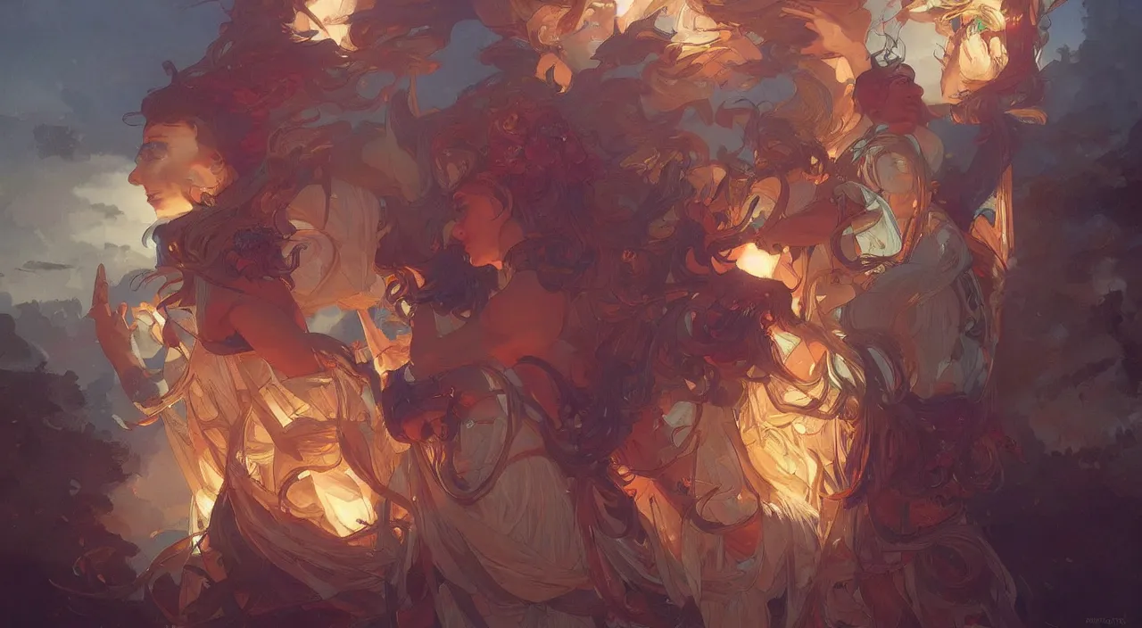 Image similar to bazaar zouk sky shine digital painting, artstation, concept art, illustration, cinematic lighting, art by artgerm and greg rutkowski and alphonse mucha