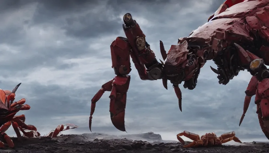 Image similar to big budget movie scene featuring a giant robot scorpion fighting a giant mutant crab