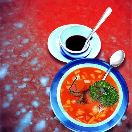 Prompt: Dragon eating russian borsch soup on the Red Square, digital art