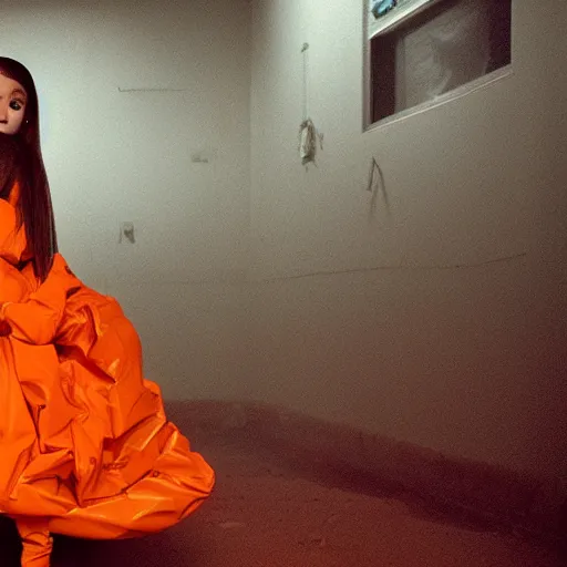 Image similar to the 2 0 2 2 award winning photo of ariana grande wearing a trash bag, cinematic, atmospheric, vivid, colorful, orange & teal, susan worsham photograph