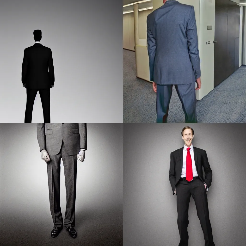 Prompt: tall man in suit long arms faceless