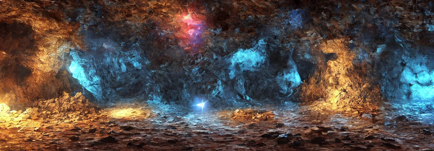 Image similar to Deep dark cave with magical crystals, hyperrealism, no blur, 4k resolution, ultra detailed-i