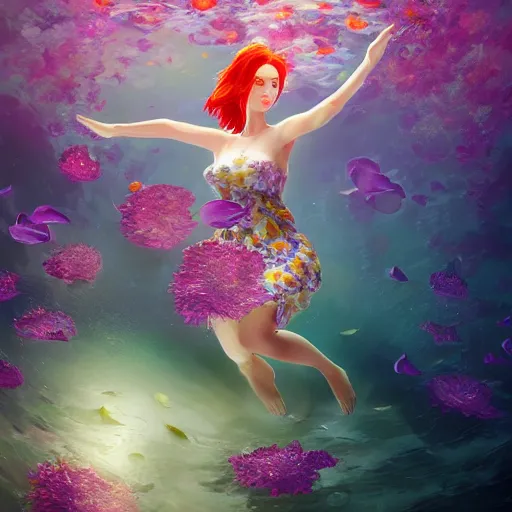 Image similar to Triss Merigold in a swirling sundress of flowers, underwater, floral explosion, radiant light, vortex of plum petals, by WLOP, Beeple and artgerm, artstation, deviantart