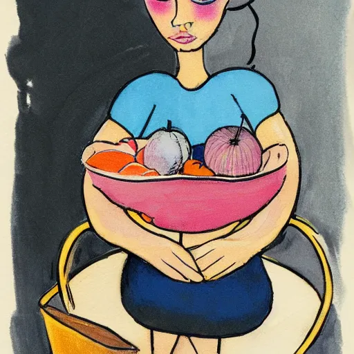 Image similar to beautiful lady, drinking tea, fruit basket, painting, clean shapes, print, litography, pastel colors, ink lines, markus gunnar, konstfack