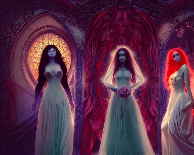 Image similar to three stunning gothic goddesses with beautiful angelic faces, wearing psychedelic wicca, in wedding dresses, red neon roses, full body, long flowy hair, dark and mysterious, atmospheric, ominous, eerie, volumetric cinematic light, epic, 8 k 3 d, ultra detail, ultra realistic, by wlop, by mucha