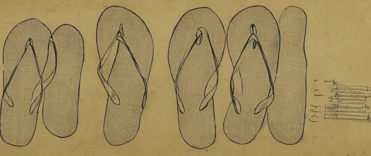 Prompt: detailed blueprint sketches of flip flops, labelled, high detail, realistic, professional, notes, diagram, by leonardo davinci, on yellow paper, worn, pencil, sketch