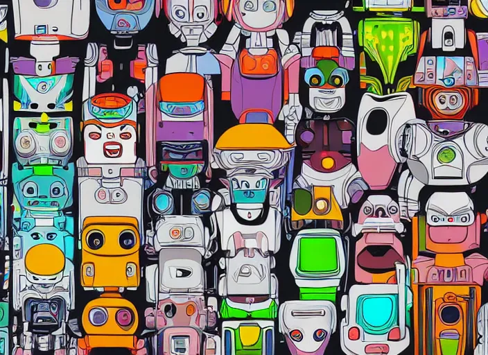 Prompt: 3 rows of 3 framed closeup colorful 3 d - rendered cg face portraits of cute evil robots in the style of osamu tezuka, with a futuristic mechanical background.