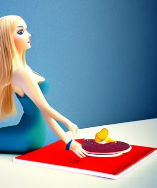 Image similar to blonde women in blue tight short dress sitting on big cake, photorealistic image