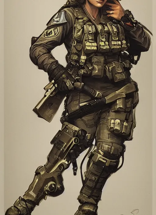 Image similar to Dinah. USN special forces operator. rb6s Concept art by James Gurney and Alphonso Mucha.