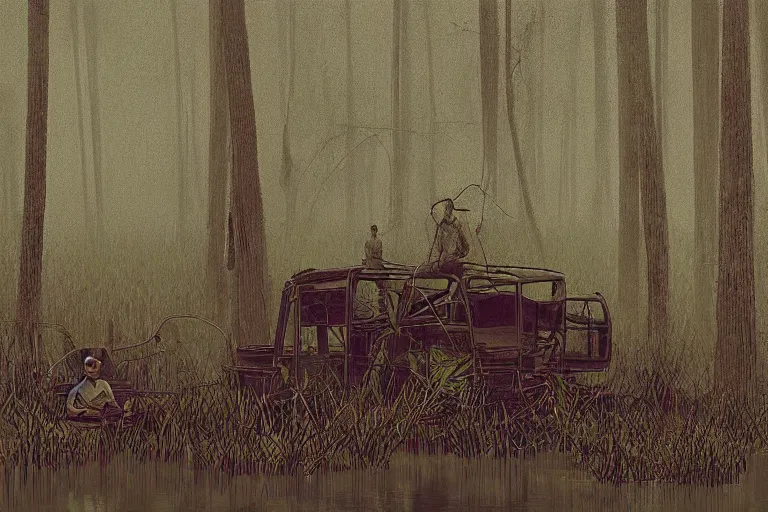 Image similar to scene from louisiana swamps, airboat with neon satanic pentagram, boy scout troop, voodoo artwork by tim eitel