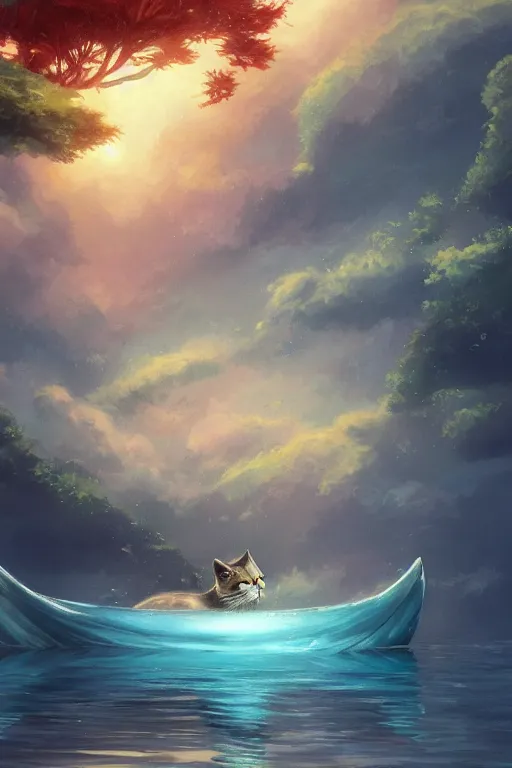 Prompt: A cat swimming in water, Japanese anime style, fantasy matte painting，cute, rich colors, high details，light effect，Studio Ghibli style，by Justin Currie and Justin Gerard，trending on cgsociety and artstation，8kHDR，