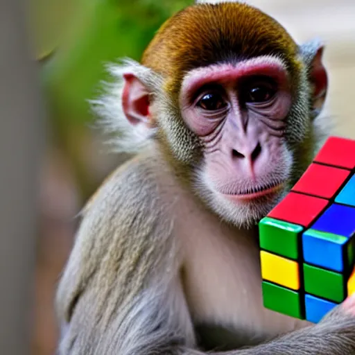 Prompt: a monkey attempts to solve a rubiks cube