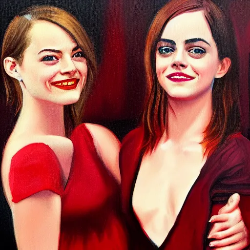 Image similar to emma stone dancing with emma watson, soft red lights full body portrait, 8 k oil painting,