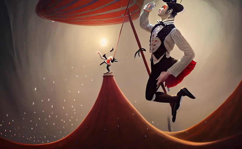 Image similar to award winning art of a attractive male pierrot, performing at a magnificent circus, beautiful circus themed background, trending artstation, digital art, aesthetic, bloom, intricate, elegant, sharp focus, digital illustration, highly detailed, octane render, digital painting, concept art, fantasy carnival, masterpiece