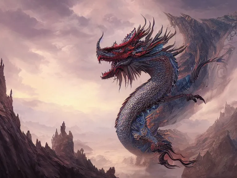 Prompt: an 8k intricate digital concept illustration of majestic eastern dragon by kerem beyit, gerald brom, dan luvisi, kevin glint