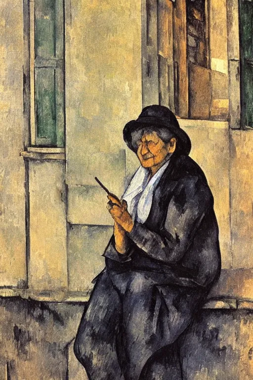 Image similar to an elderly and content italian woman leaning out of the window of an old building, smoking a cigarette, by paul cezanne, firenze, sunset, smooth, expressionist, gold, portrait